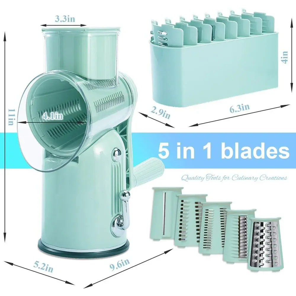 Manual Rotary Cheese Grater 5-in-1 with Suction Base Vegetable Slicer Green